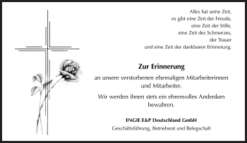 Traueranzeige von Zur Erinnerung ENGIE E&P Deutschland GmbH von Neue Osnabrücker Zeitung GmbH & Co. KG