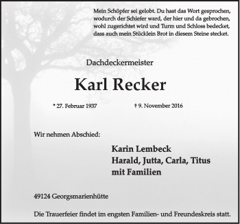 Traueranzeige von Karl Recker von Neue Osnabrücker Zeitung GmbH & Co. KG