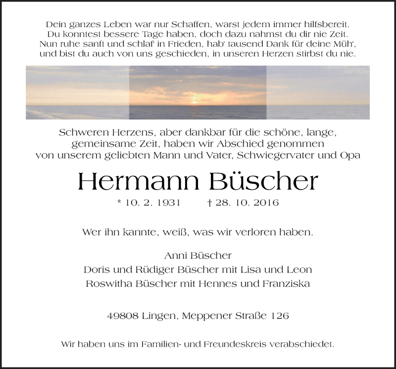  Traueranzeige für Hermann Büscher vom 03.11.2016 aus Neue Osnabrücker Zeitung GmbH & Co. KG
