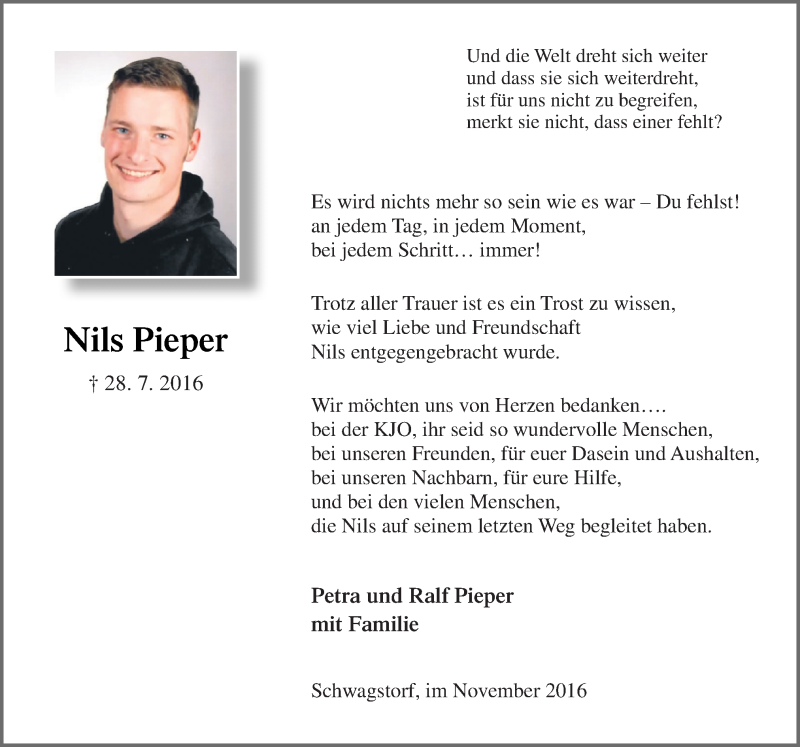 Traueranzeige für Nils Pieper vom 12.11.2016 aus Neue Osnabrücker Zeitung GmbH & Co. KG
