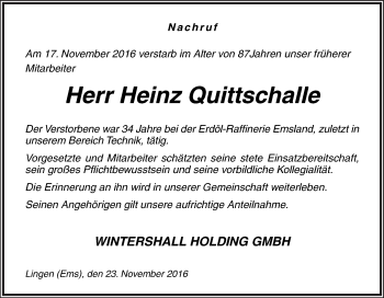 Traueranzeige von Heinz Quittschalle von Neue Osnabrücker Zeitung GmbH & Co. KG