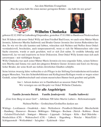 Traueranzeige von Wilhelm Chudaska von Neue Osnabrücker Zeitung GmbH & Co. KG