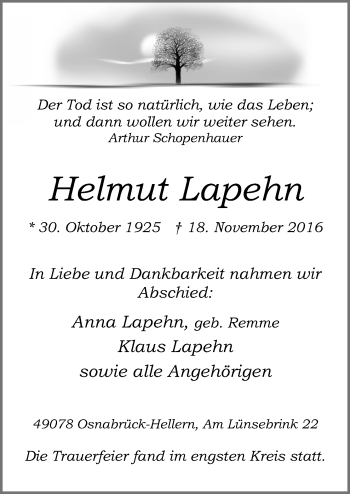 Traueranzeige von Helmut Lapehn von Neue Osnabrücker Zeitung GmbH & Co. KG