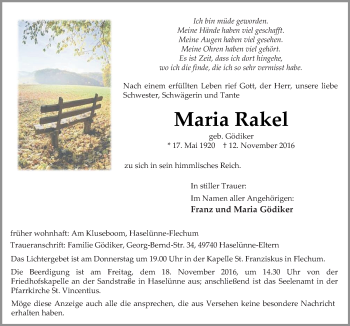 Traueranzeige von Maria Rakel von Neue Osnabrücker Zeitung GmbH & Co. KG