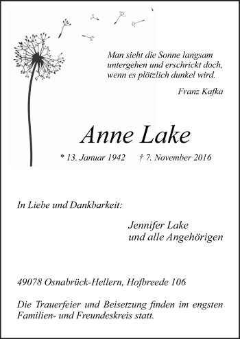 Traueranzeige von Anne Lake von Neue Osnabrücker Zeitung GmbH & Co. KG