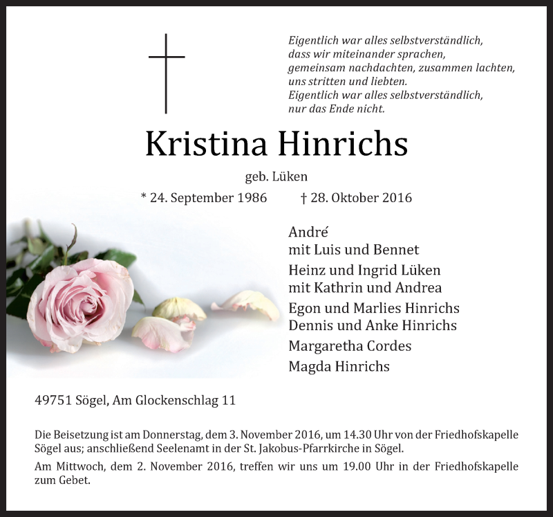  Traueranzeige für Kristina Hinrichs vom 01.11.2016 aus Neue Osnabrücker Zeitung GmbH & Co. KG