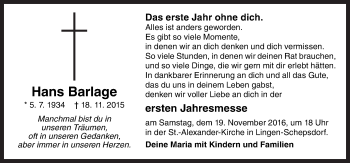 Traueranzeige von Hans Barlage von Neue Osnabrücker Zeitung GmbH & Co. KG