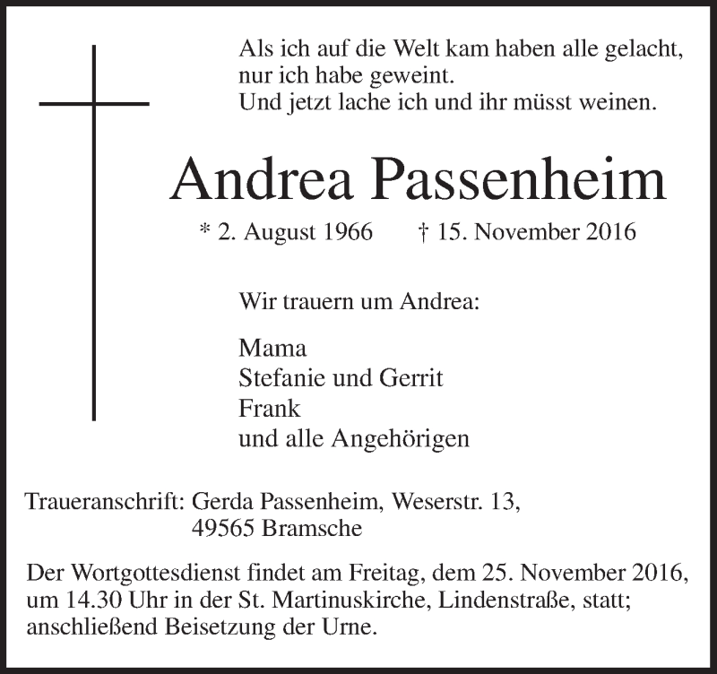  Traueranzeige für Andrea Passenheim vom 23.11.2016 aus Neue Osnabrücker Zeitung GmbH & Co. KG