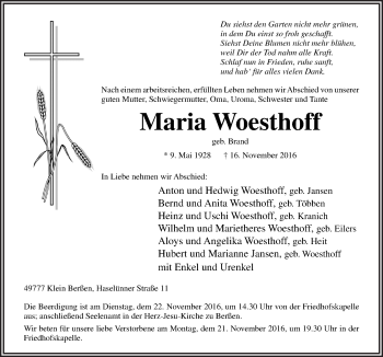 Traueranzeige von Maria Woesthoff von Neue Osnabrücker Zeitung GmbH & Co. KG