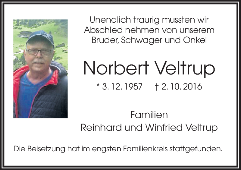  Traueranzeige für Norbert Veltrup vom 09.11.2016 aus Neue Osnabrücker Zeitung GmbH & Co. KG