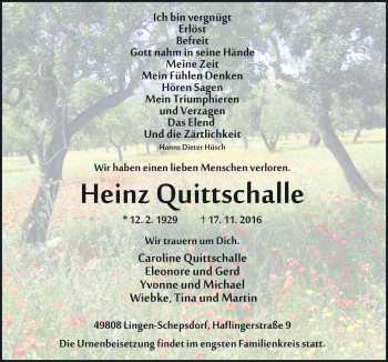 Traueranzeige von Heinz Quittschalle von Neue Osnabrücker Zeitung GmbH & Co. KG