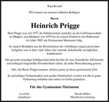 Traueranzeige von Heinrich Prigge von Neue Osnabrücker Zeitung GmbH & Co. KG