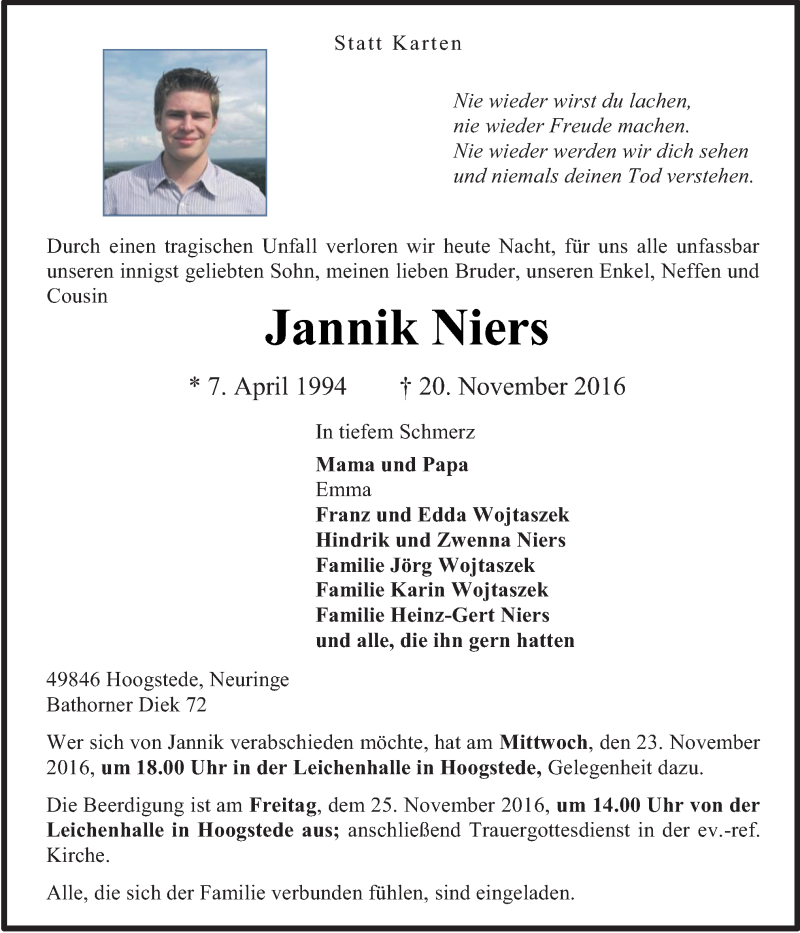 Traueranzeige für Jannik Niers vom 22.11.2016 aus Neue Osnabrücker Zeitung GmbH & Co. KG