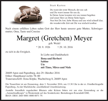 Traueranzeige von Margret Meyer von Neue Osnabrücker Zeitung GmbH & Co. KG
