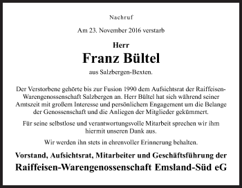 Traueranzeige von Franz Bültel von Neue Osnabrücker Zeitung GmbH & Co. KG