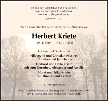 Traueranzeige von Herbert Kriete von Neue Osnabrücker Zeitung GmbH & Co. KG