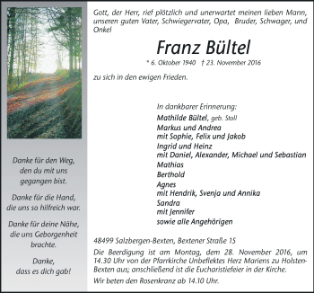 Traueranzeige von Franz Bültel von Neue Osnabrücker Zeitung GmbH & Co. KG