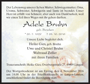 Traueranzeige von Adele Bruhn von Neue Osnabrücker Zeitung GmbH & Co. KG
