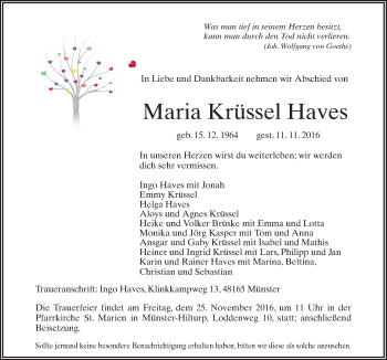 Traueranzeige von Maria Krüssel Haves von Neue Osnabrücker Zeitung GmbH & Co. KG