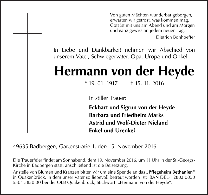  Traueranzeige für Hermann von der Heyde vom 17.11.2016 aus Neue Osnabrücker Zeitung GmbH & Co. KG