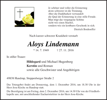 Traueranzeige von Aloys Lindemann von Neue Osnabrücker Zeitung GmbH & Co. KG