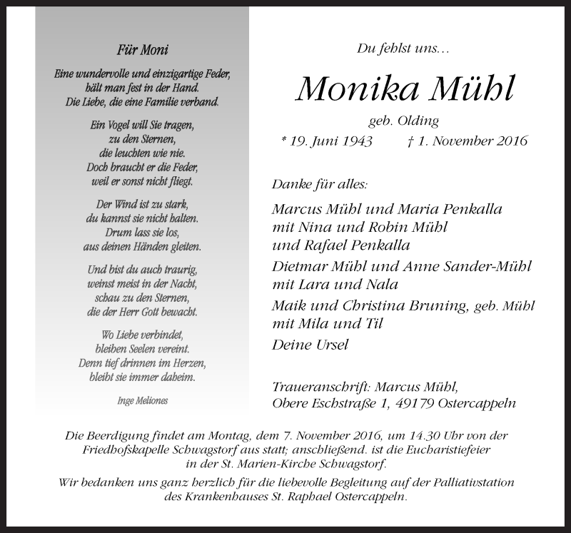  Traueranzeige für Monika Mühl vom 04.11.2016 aus Neue Osnabrücker Zeitung GmbH & Co. KG