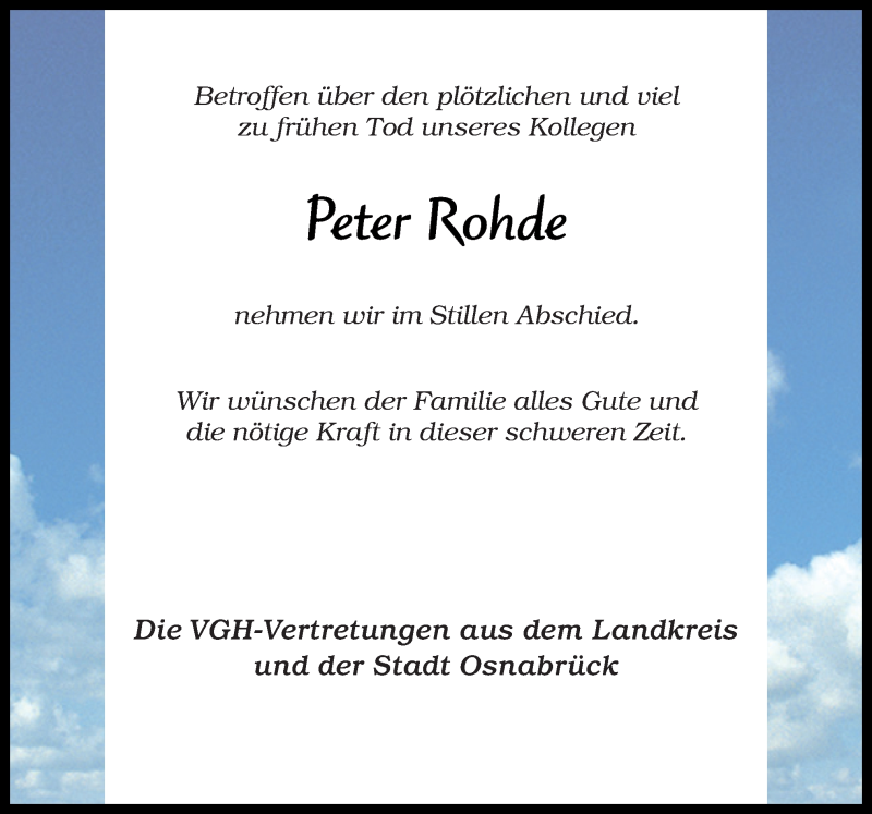  Traueranzeige für Peter Rohde vom 25.11.2016 aus Neue Osnabrücker Zeitung GmbH & Co. KG