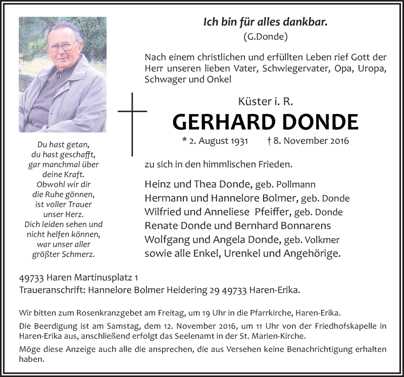  Traueranzeige für Gerhard Donde vom 10.11.2016 aus Neue Osnabrücker Zeitung GmbH & Co. KG