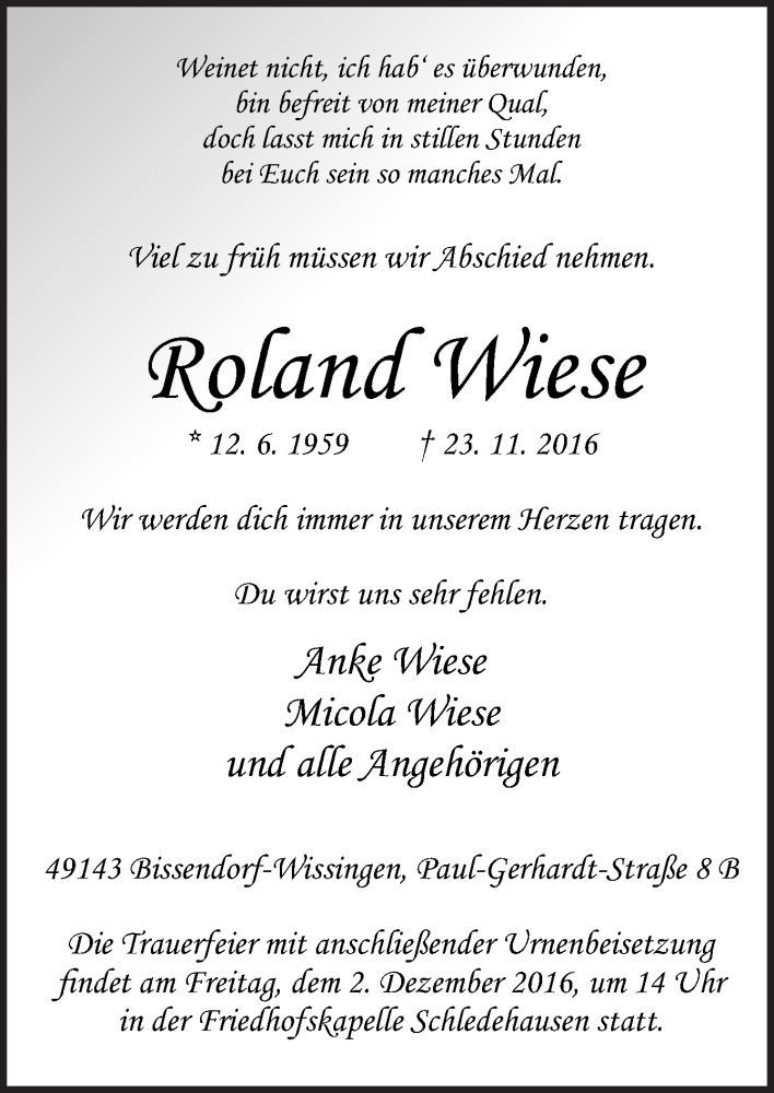  Traueranzeige für Roland Wiese vom 30.11.2016 aus Neue Osnabrücker Zeitung GmbH & Co. KG
