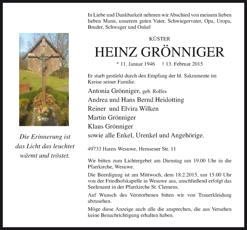  Traueranzeige für Heinz Grönniger vom 16.02.2015 aus 