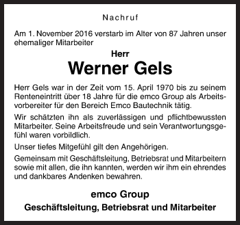 Traueranzeige von Werner Gels von Neue Osnabrücker Zeitung GmbH & Co. KG