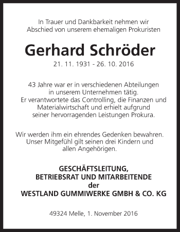 Traueranzeige von Gerhard Schröder von Neue Osnabrücker Zeitung GmbH & Co. KG