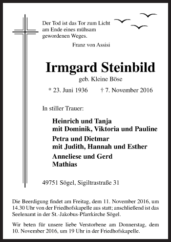 Traueranzeige von Irmgard Steinbild von Neue Osnabrücker Zeitung GmbH & Co. KG