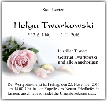 Traueranzeige von Helga Twarkowski von Neue Osnabrücker Zeitung GmbH & Co. KG