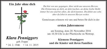 Traueranzeige von Klara Penniggers von Neue Osnabrücker Zeitung GmbH & Co. KG