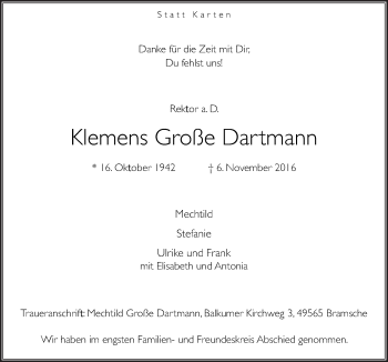 Traueranzeige von Klemens Große Dartmann von Neue Osnabrücker Zeitung GmbH & Co. KG