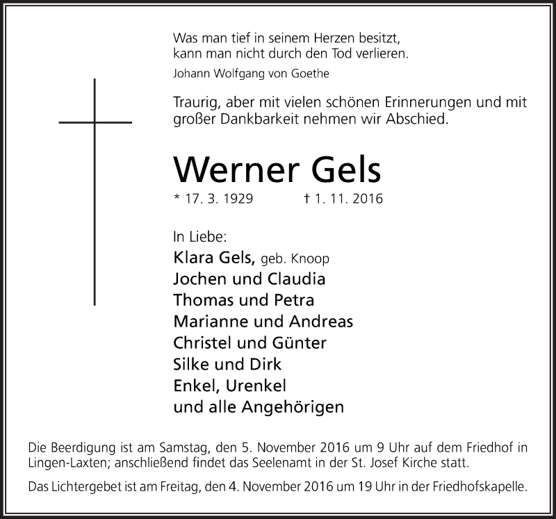  Traueranzeige für Werner Gels vom 04.11.2016 aus Neue Osnabrücker Zeitung GmbH & Co. KG