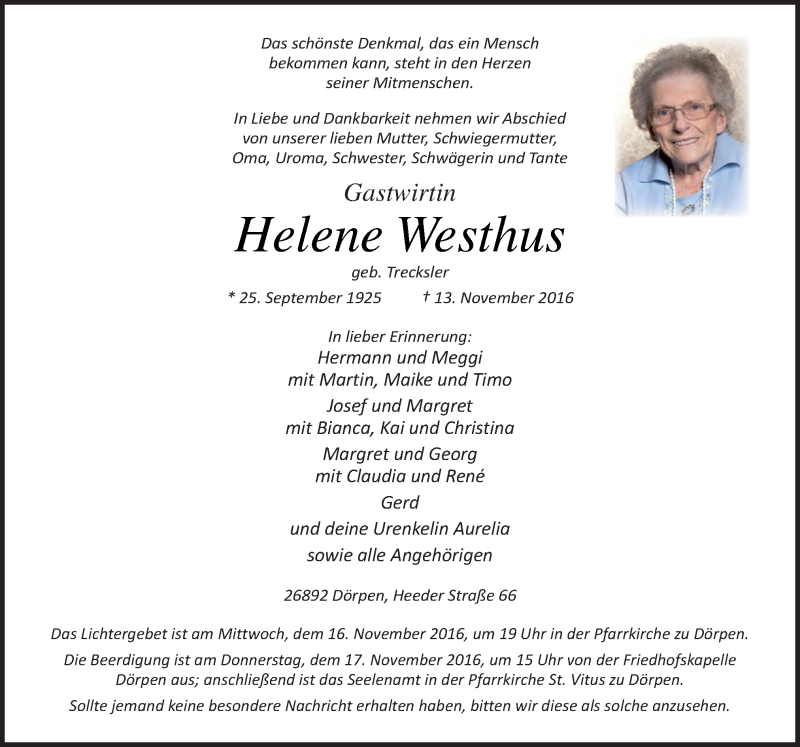  Traueranzeige für Helene Westhus vom 15.11.2016 aus Neue Osnabrücker Zeitung GmbH & Co. KG