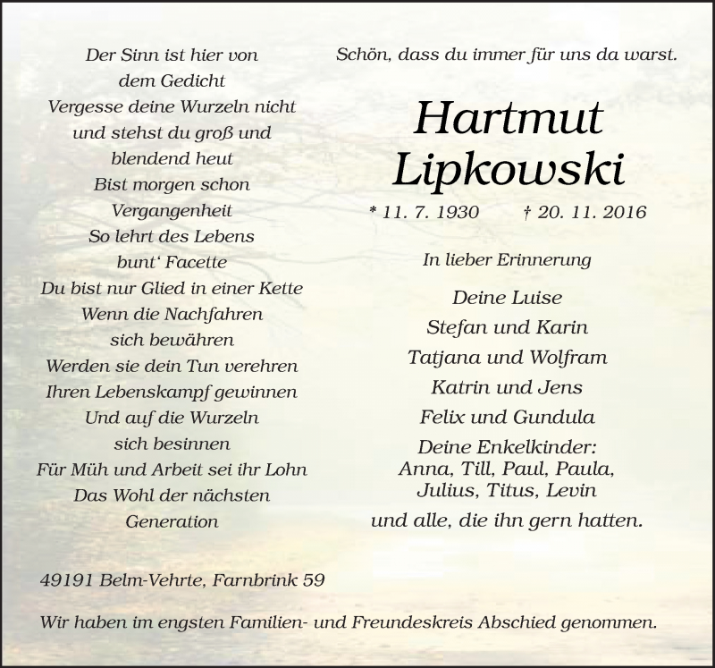  Traueranzeige für Hartmut Lipkowski vom 26.11.2016 aus Neue Osnabrücker Zeitung GmbH & Co. KG
