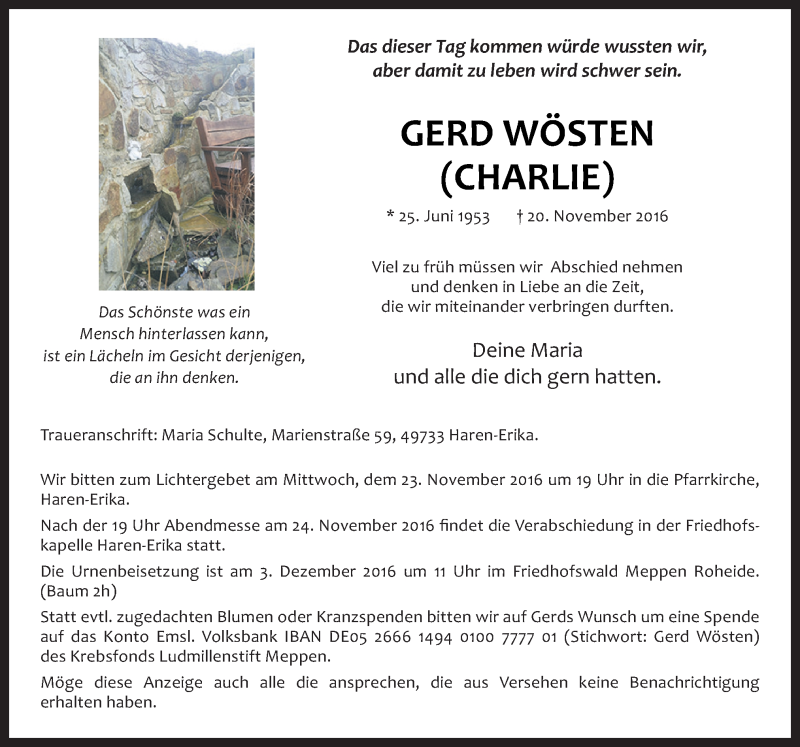  Traueranzeige für Gerd Wösten vom 22.11.2016 aus Neue Osnabrücker Zeitung GmbH & Co. KG