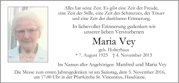 Traueranzeige von Maria Vey von Neue Osnabrücker Zeitung GmbH & Co. KG