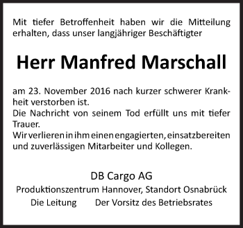 Traueranzeige von Manfred Marschall von Neue Osnabrücker Zeitung GmbH & Co. KG