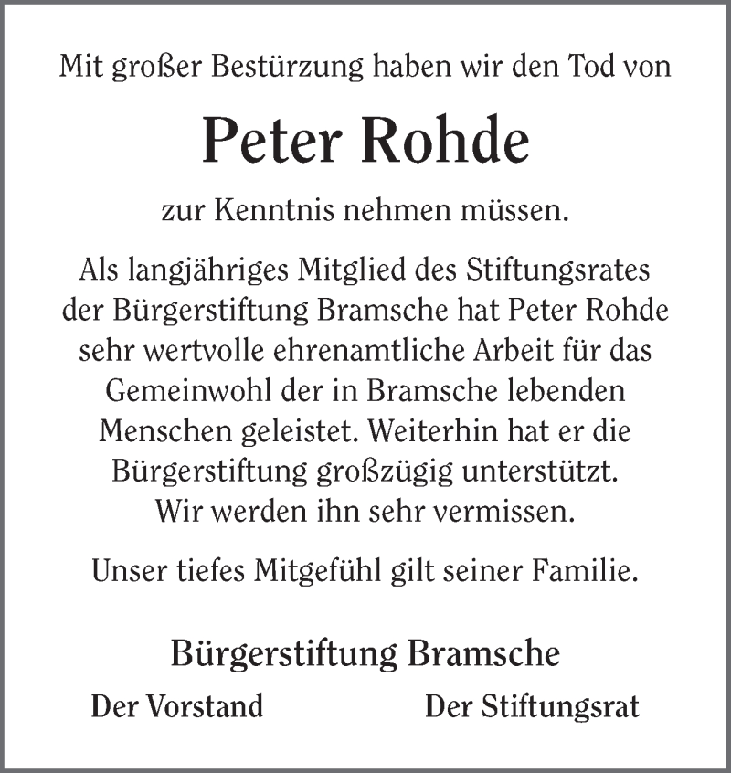  Traueranzeige für Peter Rohde vom 29.11.2016 aus Neue Osnabrücker Zeitung GmbH & Co. KG