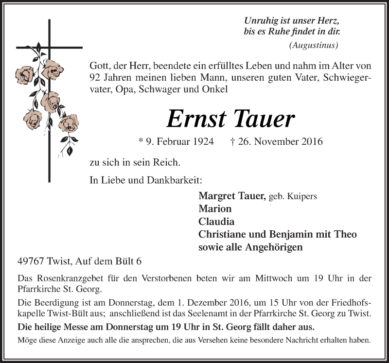  Traueranzeige für Ernst Tauer vom 28.11.2016 aus Neue Osnabrücker Zeitung GmbH & Co. KG