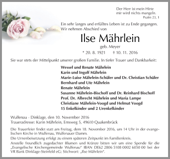 Traueranzeige von Ilse Mährlein von Neue Osnabrücker Zeitung GmbH & Co. KG