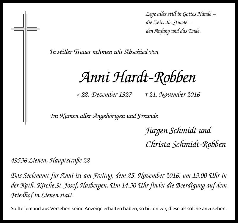 Traueranzeige für Anni Hardt-Robben vom 23.11.2016 aus Neue Osnabrücker Zeitung GmbH & Co. KG