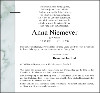 Traueranzeige von Anna Niemeyer von Neue Osnabrücker Zeitung GmbH & Co. KG