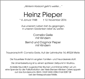 Traueranzeige von Heinz Pieper von Neue Osnabrücker Zeitung GmbH & Co. KG