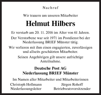 Traueranzeige von Helmut Hilbers von Neue Osnabrücker Zeitung GmbH & Co. KG