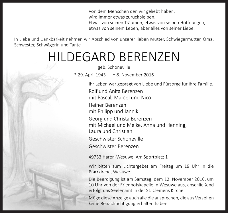  Traueranzeige für Hildegard Berenzen vom 10.11.2016 aus Neue Osnabrücker Zeitung GmbH & Co. KG